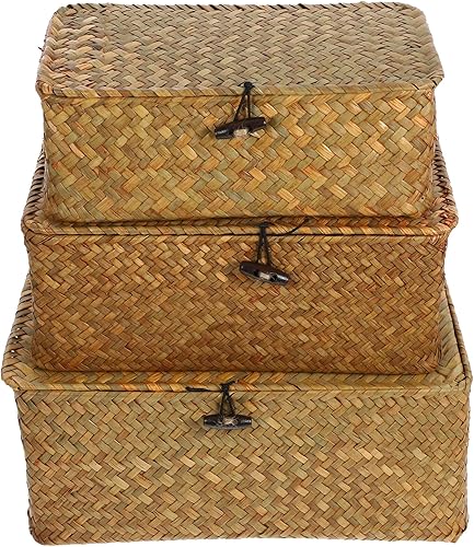IMIKEYA Cestas de algas marinas con tapas cesta tejida de almacenamiento de pastos marinos, cesta tejida de paja cesta de almacenamiento de ratán de