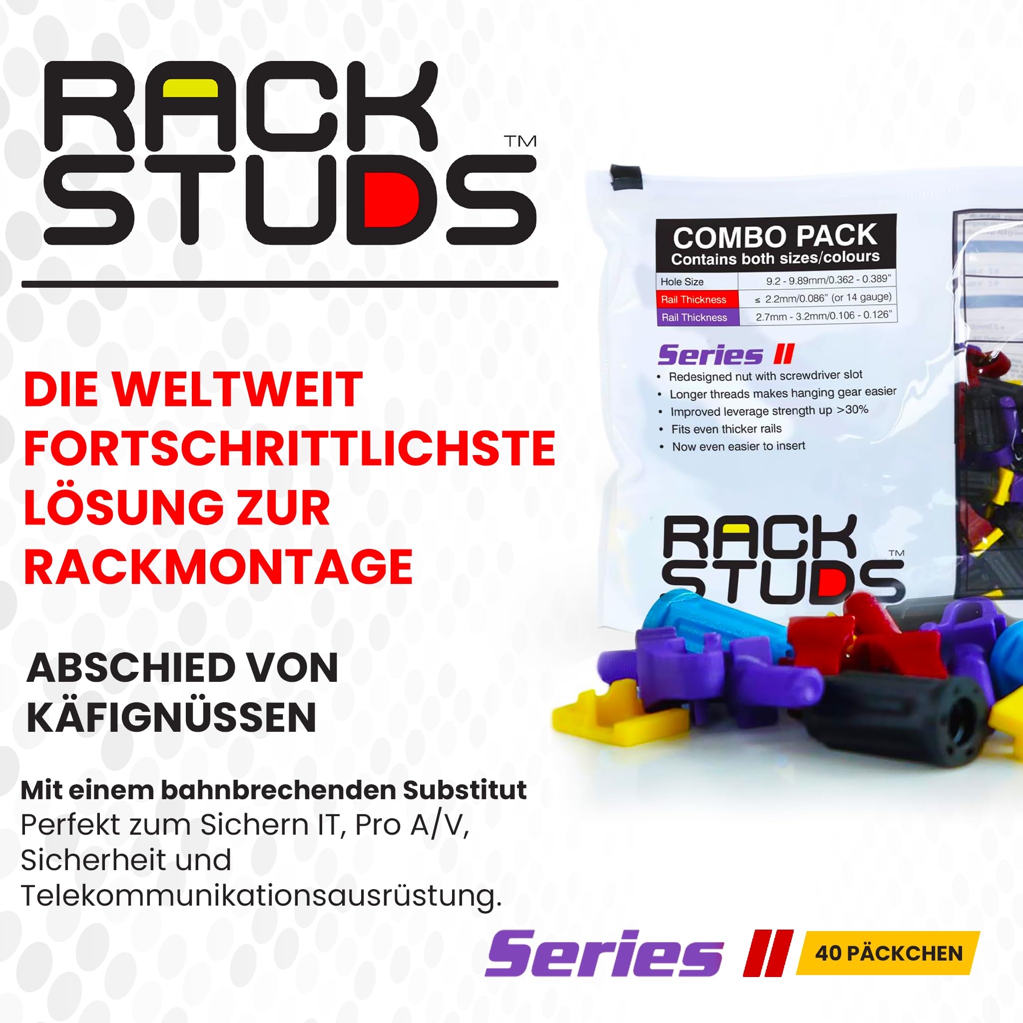 40C Serie II - Server-Rack-Schrauben für 19"-Schienen, perfekter Ersatz für Käfigmuttern - 80 Bolzen; 40 Stück je Größe/Farbe