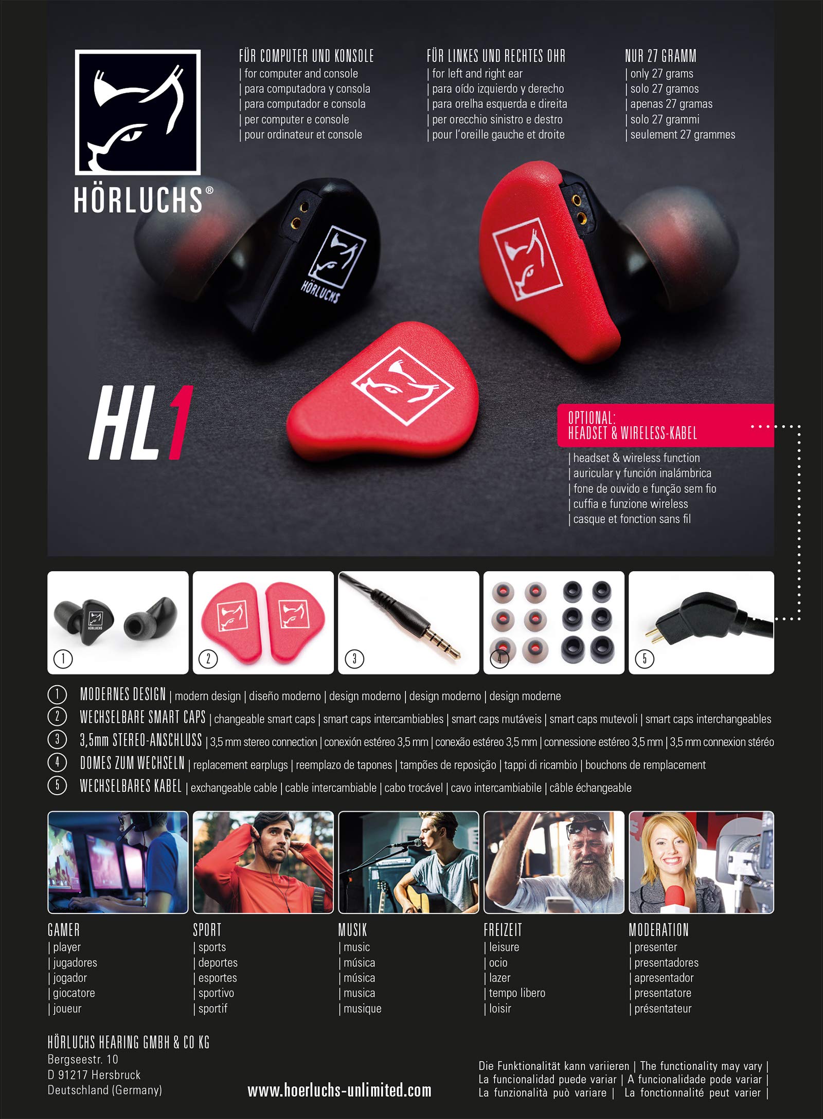 HL1010 In-Ear Kopfhörer, dynamischer Treiber bassverstärkt, ergonomische Bauform mit 2-Pin-Wechselkabel und verschiedenen Domes - Schwarz