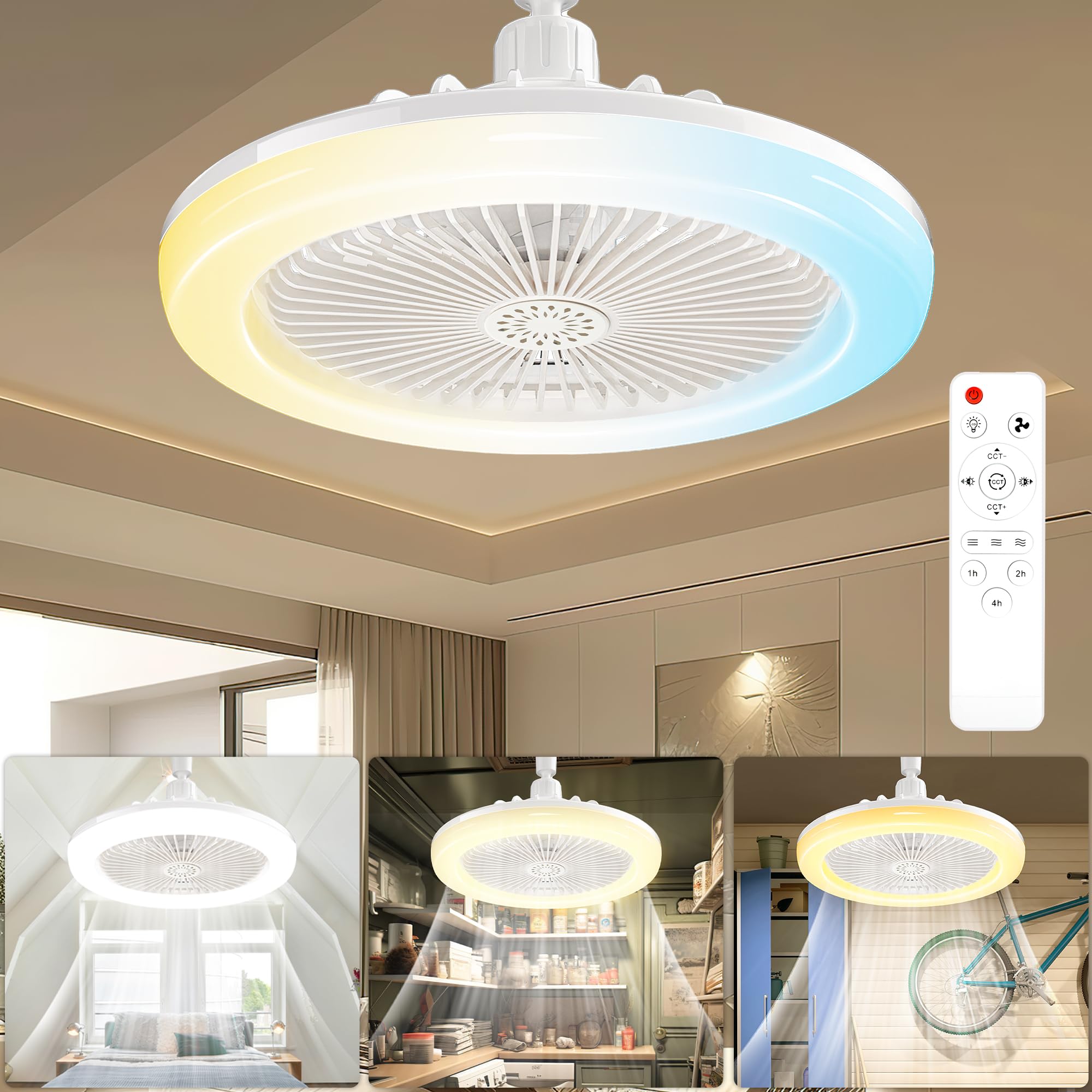 Socket Ceiling Fan Light Screw in with 3 Color Temp, Low Profile Enclosed Dimmable Fanlight with Remote, 10 inch Small Adjustable White E27 LED Ceiling Lights for Bathroom/Bedroom/Garage