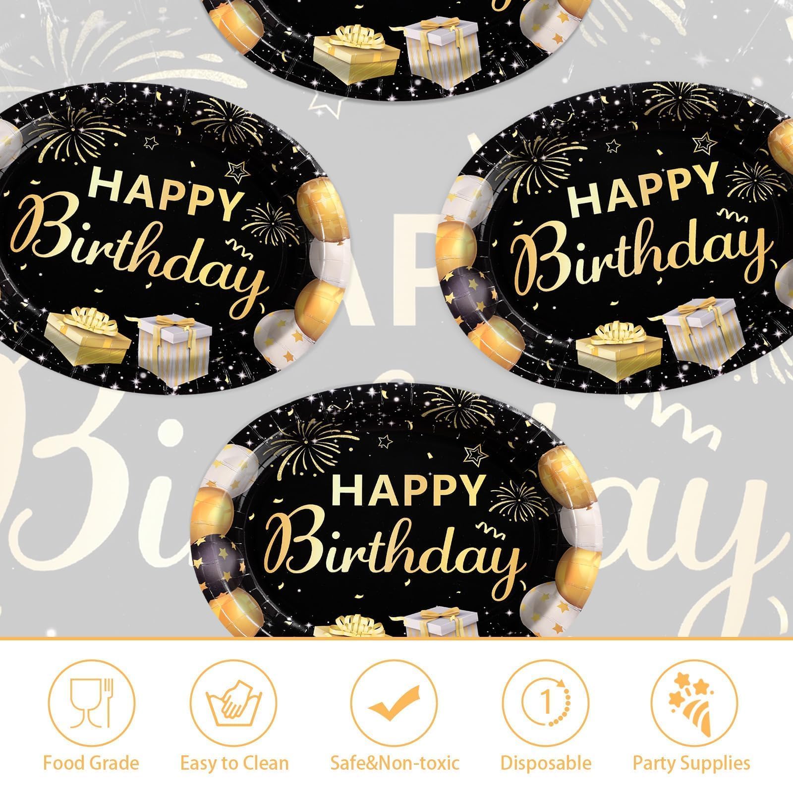 Grencian Ovale Pappteller, 25,4 x 30,5 cm, groß, strapazierfähig, Happy Birthday-Partyteller, schwarze Partydekorationen, Teller für Männer und Frauen, Versammlungen, Dinner-Party-Dekorationen, 50