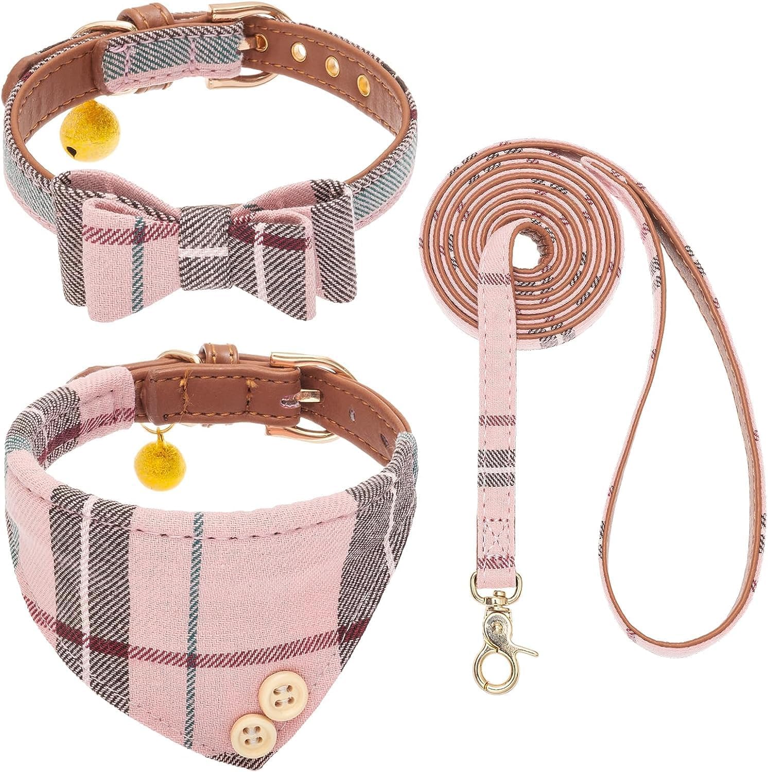 KOOLTAIL Pink Girl Dog Collar and Lead Set for Small Dogs with Bowtie and Bells