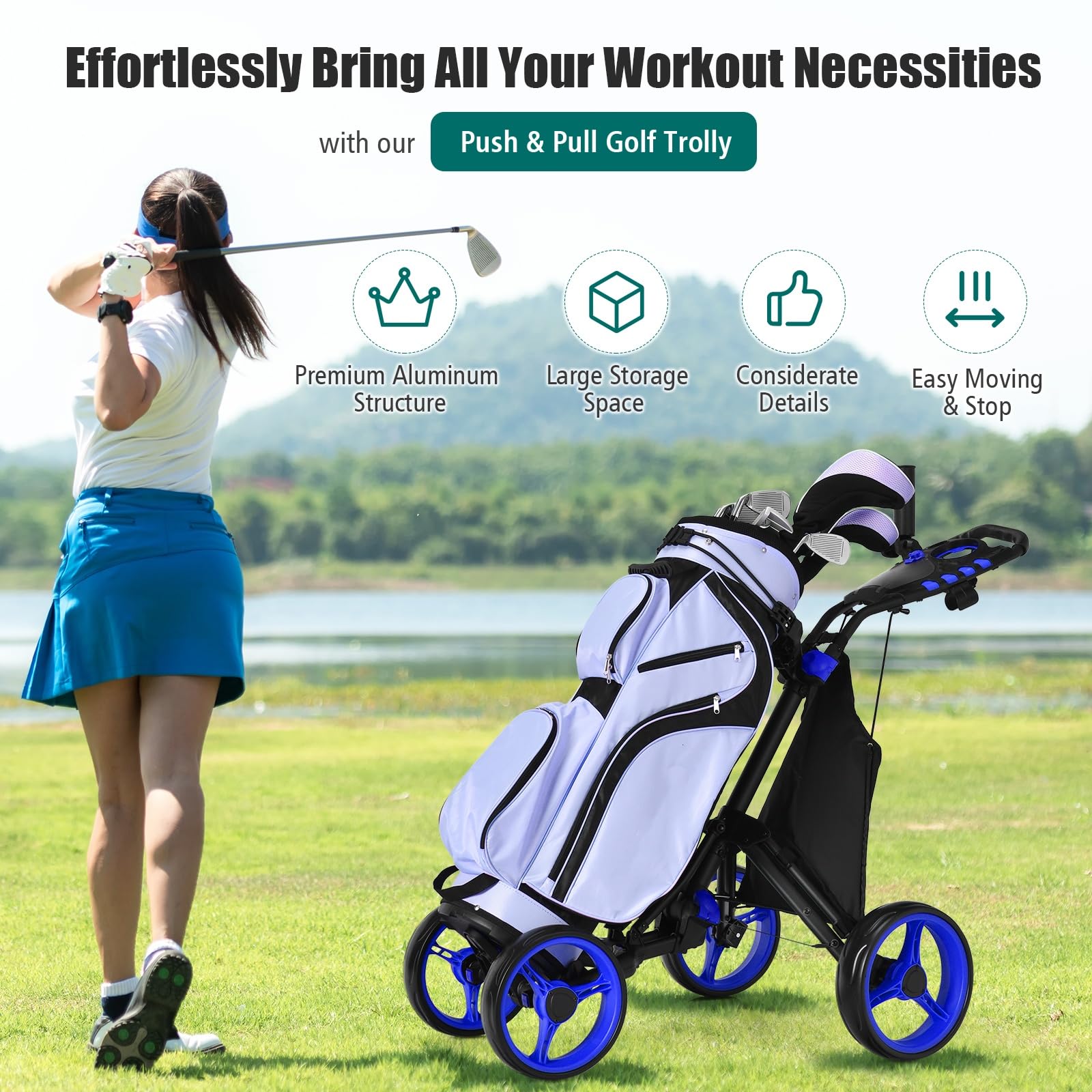 LIFEZEAL Golftrolley mit 4 Rädern, Golf Push Cart mit Fußbremse, Golfcaddy mit Aufbewahrungstasche & verstellbarem Griff, 110 x 65 x 100 cm