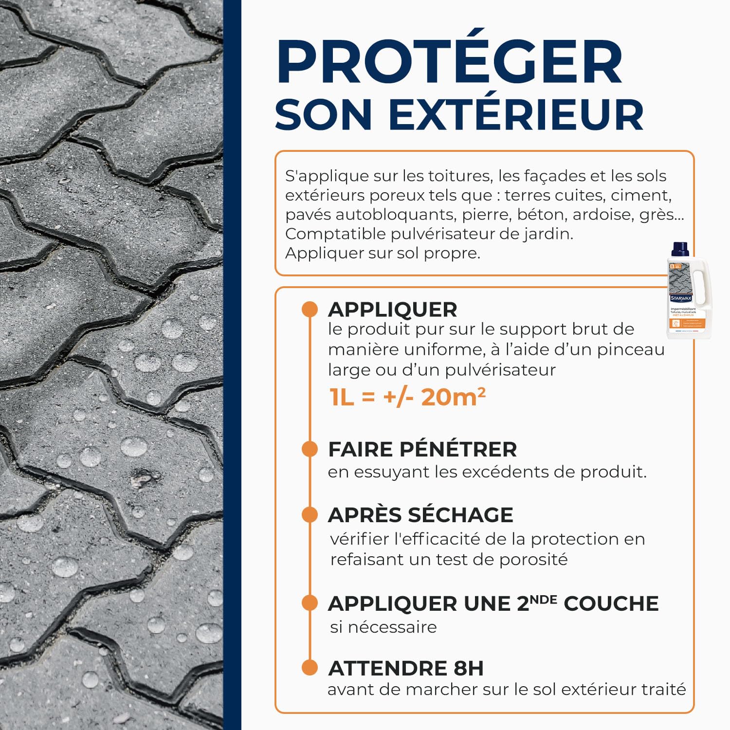 STARWAX Imperméabilisant Toitures Murs Sols Protection Hydrofuge Oléofuge Effet Déperlant Non Glissant Fabriqué France 1L