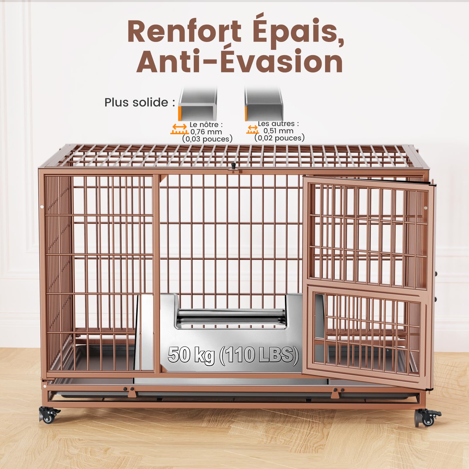 Gardner Pet Cage pour Chien Moyens Lourd Taille L 82.3x51.5x56cm Brun | Structure Renforcée Anti-Évasion avec Plateau, 3 Portes Amovibles, Roulettes Verrouillables, Niche Extensible Modulable
