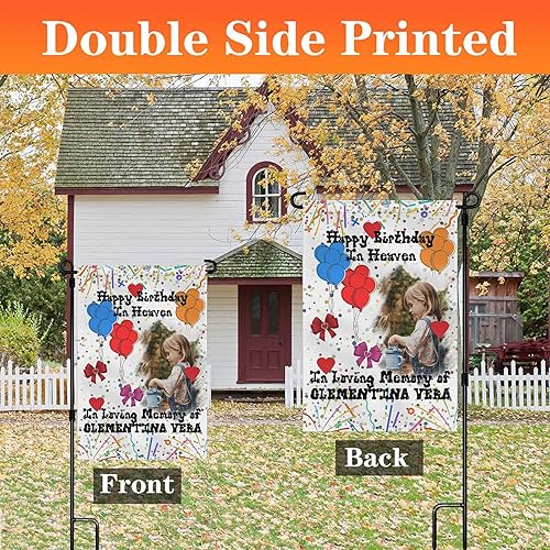 Miniatura 7 de Bandera conmemorativa personalizada para jardín con nombre de foto, fecha para patio al aire libre, decoración de cementerio para tumba, doble cara,