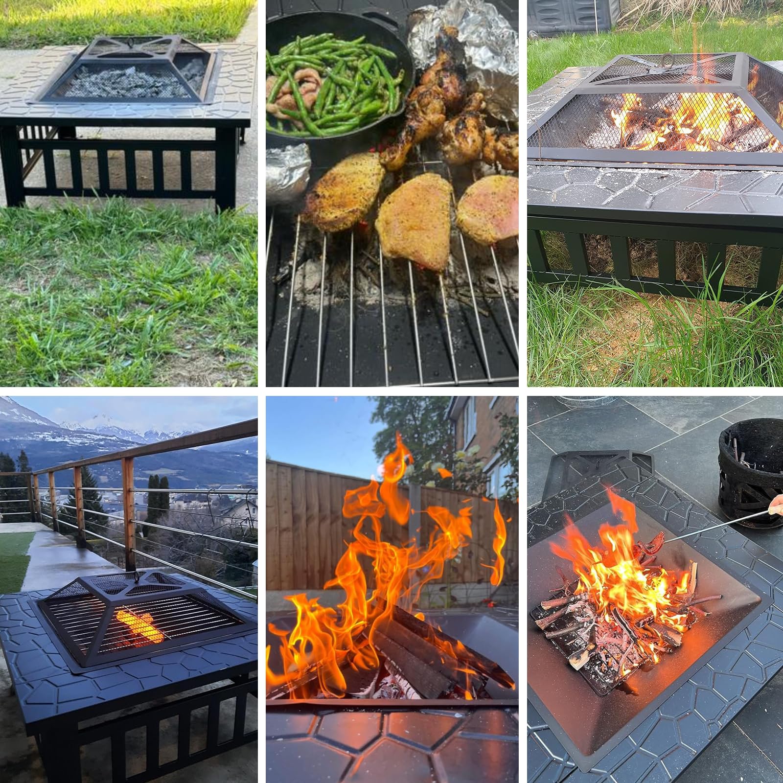 LIFERUN Brasero Exterieur Barbecue 81cm, Brasero de Jardin, Foyer Exterieur | 3 en 1 Chauffage de Terrasse avec Grille, Tisonnier, Pare-étincelles, Maille de Carbone, Pinces à Gril, Brosse, 4 pcs Pied