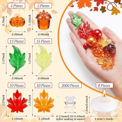 Miniatura 3 de MTLEE 2124 piezas de relleno de jarrón de Acción de Gracias, perlas sintéticas para relleno de jarrón con 8 velas blancas sin perfume, 2000 cuentas