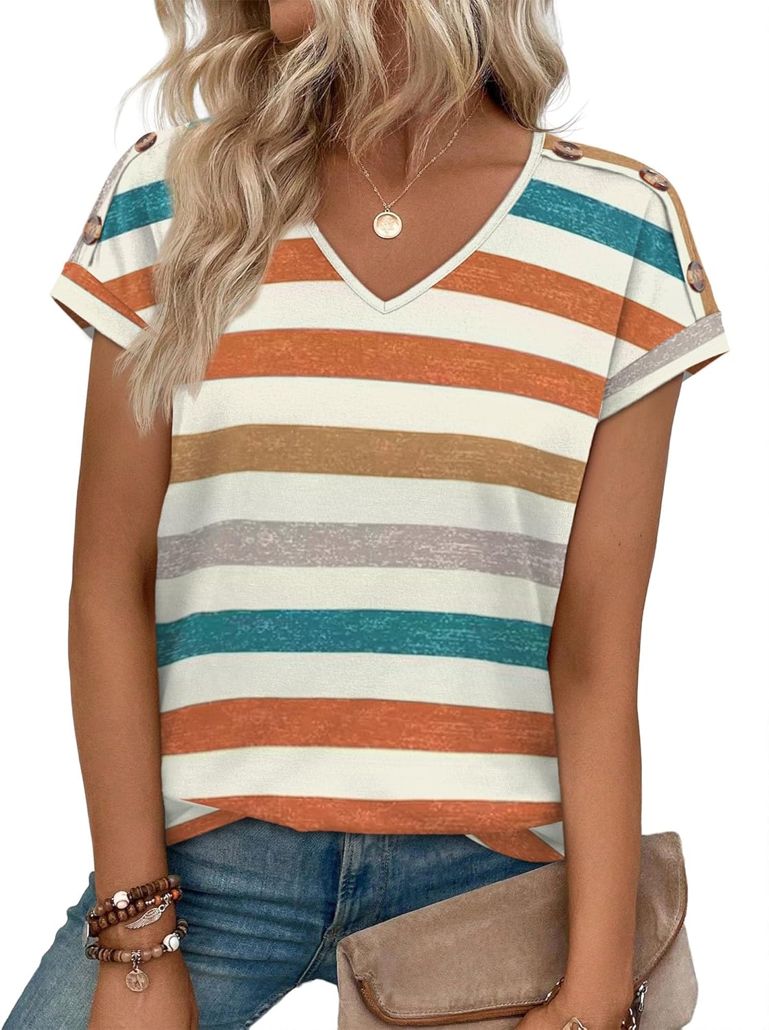 XIEERDUO Womens Summer Tops Short Sleeve Shirts with Buttons V Neck Trendy Tunic Blouses Beach Vacation Clothes