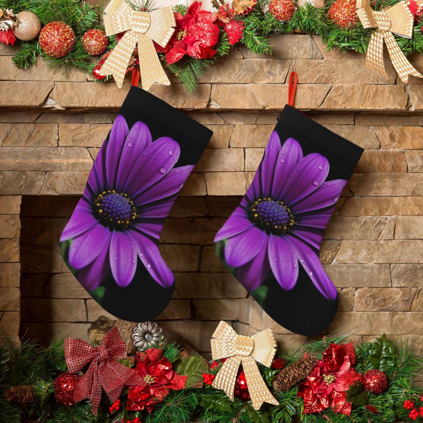 KLOPH Christmas Stockings 18" Personalized Xmas Stocking Purple Daisy Decoration Stocking Hanging Fireplace Stocking for Holiday Xmas Tree Christmas Fireplace Decor