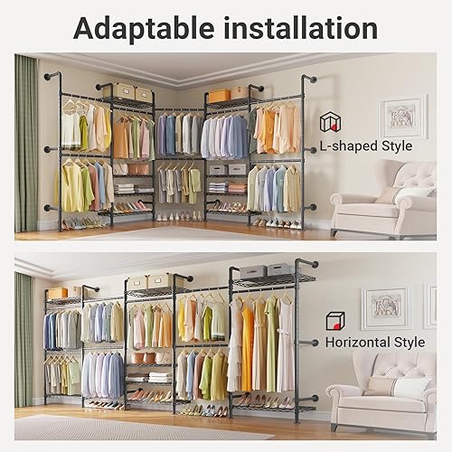 Vista 3 de Timate F5 Perchero de ropa expandible montado en la pared con 8 estantes ajustables y 4 varillas colgantes expandibles, perchero de ropa de tubería