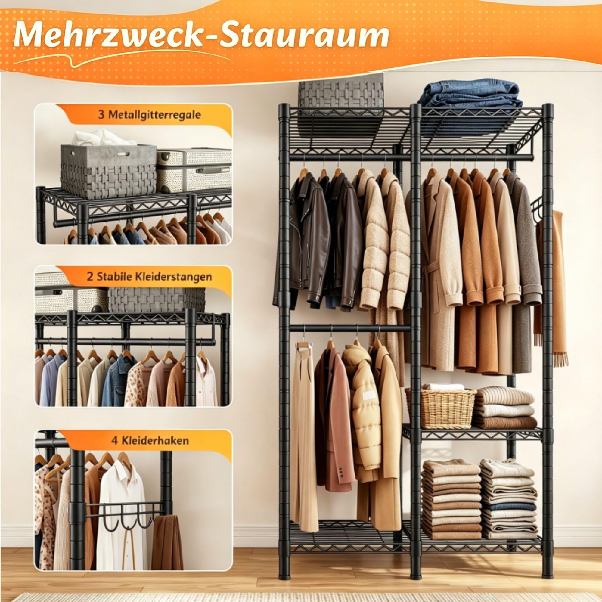Offener Kleiderschrank mit 3 Regalböden & 4 Haken für Mäntel, Jacken | Höhenverstellbarer Kleiderständer mit 2 Kleiderstangen,200 KG Tragfähigkei,für Schlafzimmer,Eingangsbereich,Schwarz