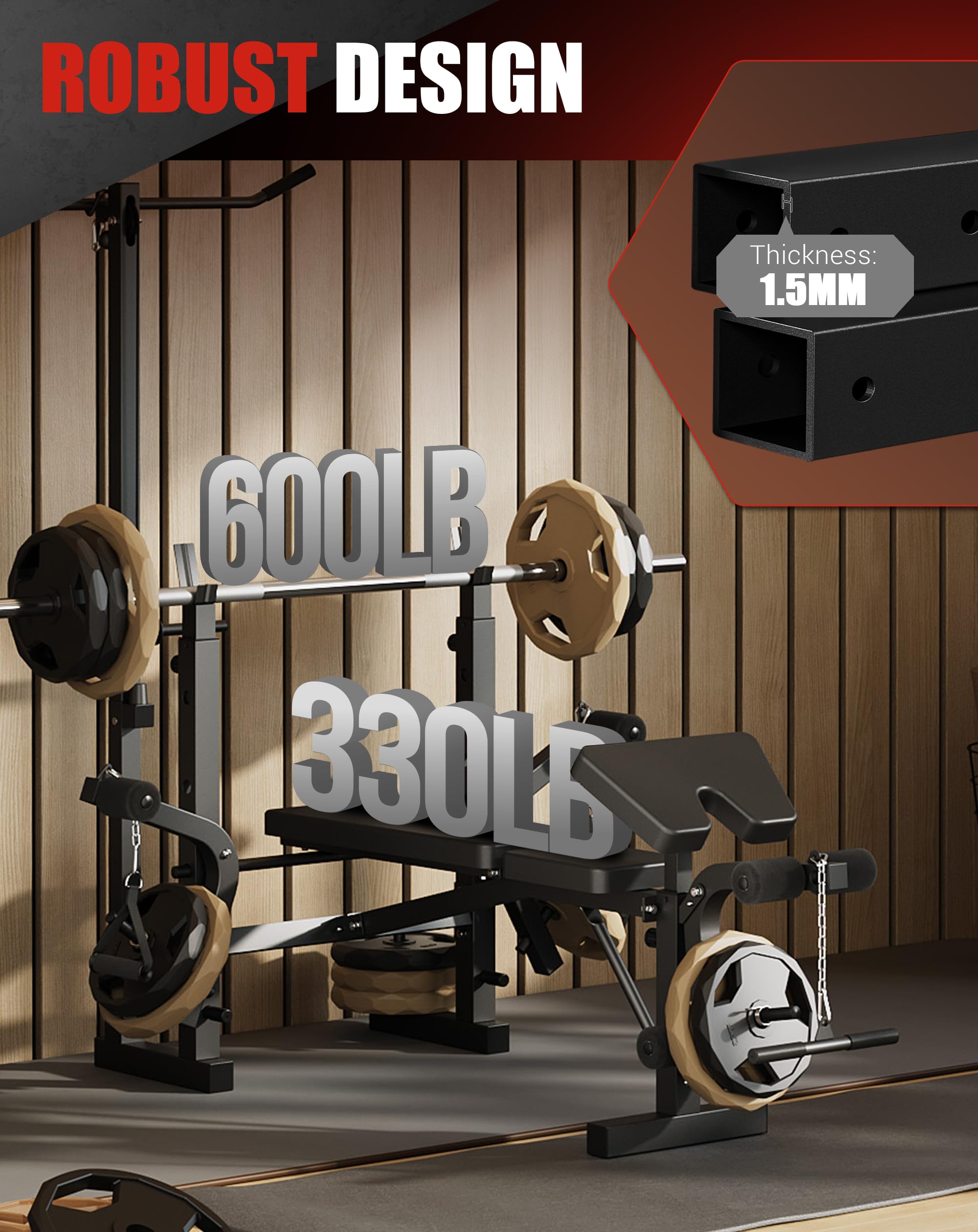 Banco De Pesas Ajustable 4 En 1 Para Gimnasio En Casa - Con Rack Para Barra, Extensión De Piernas, Pad Rizo Predicador y Articulación Mariposa - Plegable y Soporta 900 Lb Para Entrenamiento Completo