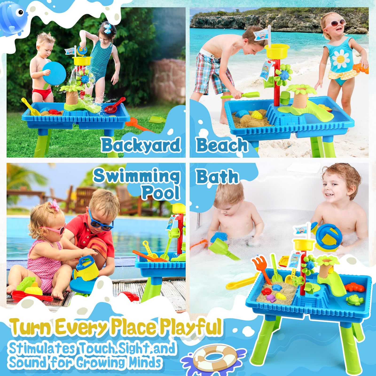 KNASON Wasserspieltisch Kinder Outdoor,2 IN 1 Kinder Sand und Wasserspieltisch mit 37 Teilen Wassertisch Zubehör,Großer Activity Sensory Table Spielzeug auf Hinterhof Strand Sommer für Kinder 3 4 5 8