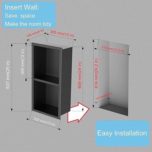 Miniatura 5 de Nicho de ducha de acero inoxidable de doble capa negro mate de 12 x 24 pulgadas, no necesita azulejos, nicho de pared empotrado