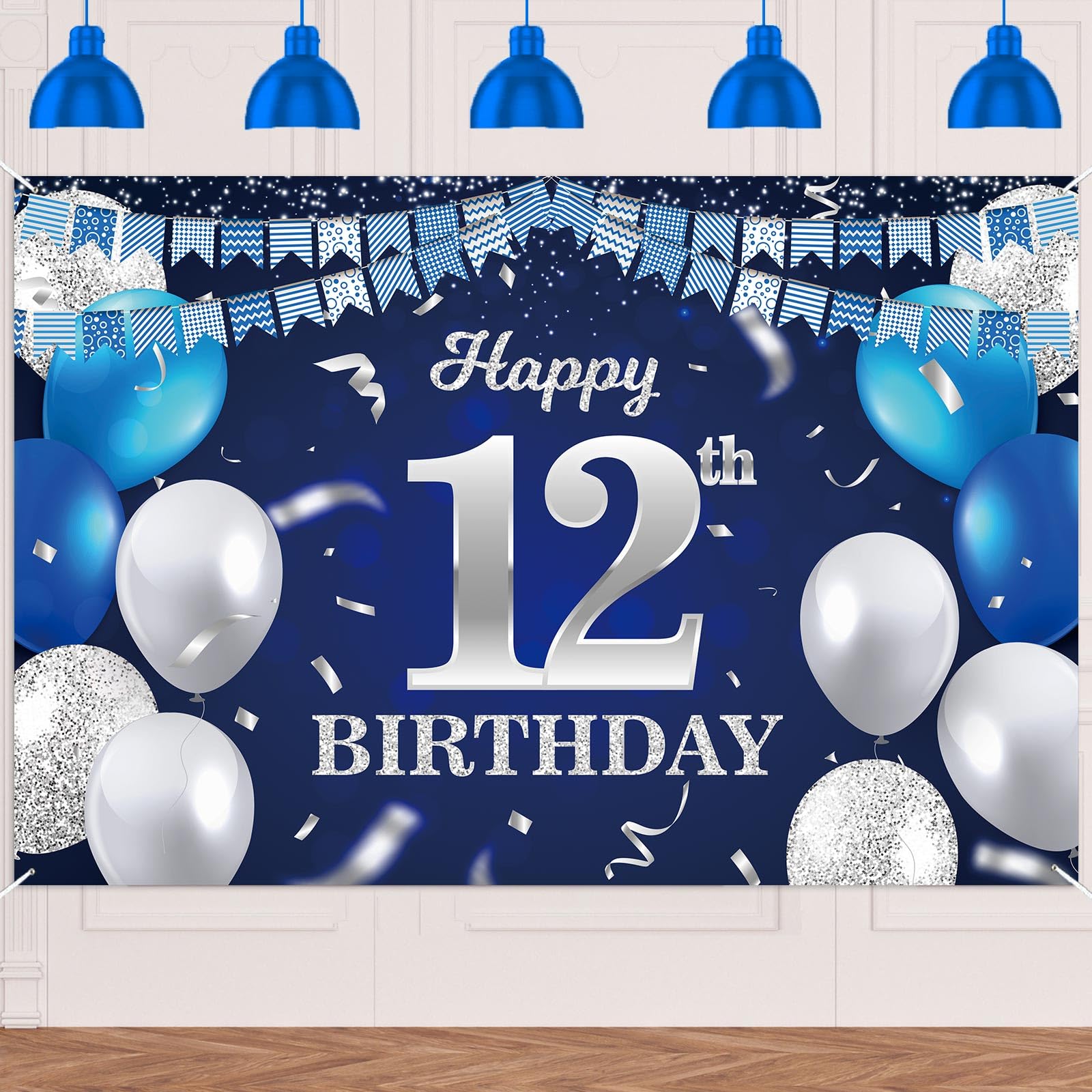 Happy 12th Birthday Banner Backdrop Navy Blue Balloons Confetti Stripe Flag Light Spots Cheers to 12 Years Old Theme Decorations Decor for Girls Boys