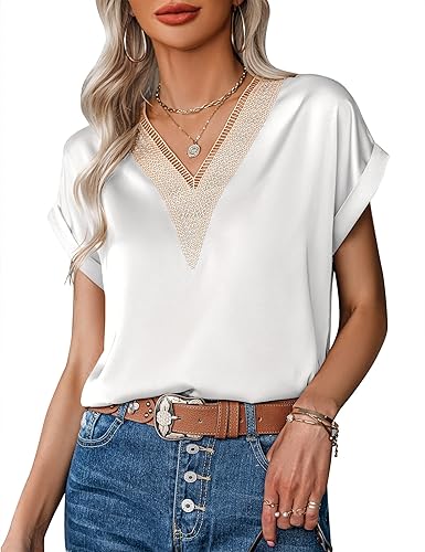Women's Guipure Lace Trim V Neck Shirt Rolled Short Sleeve Blouse Loose Boho Tunic