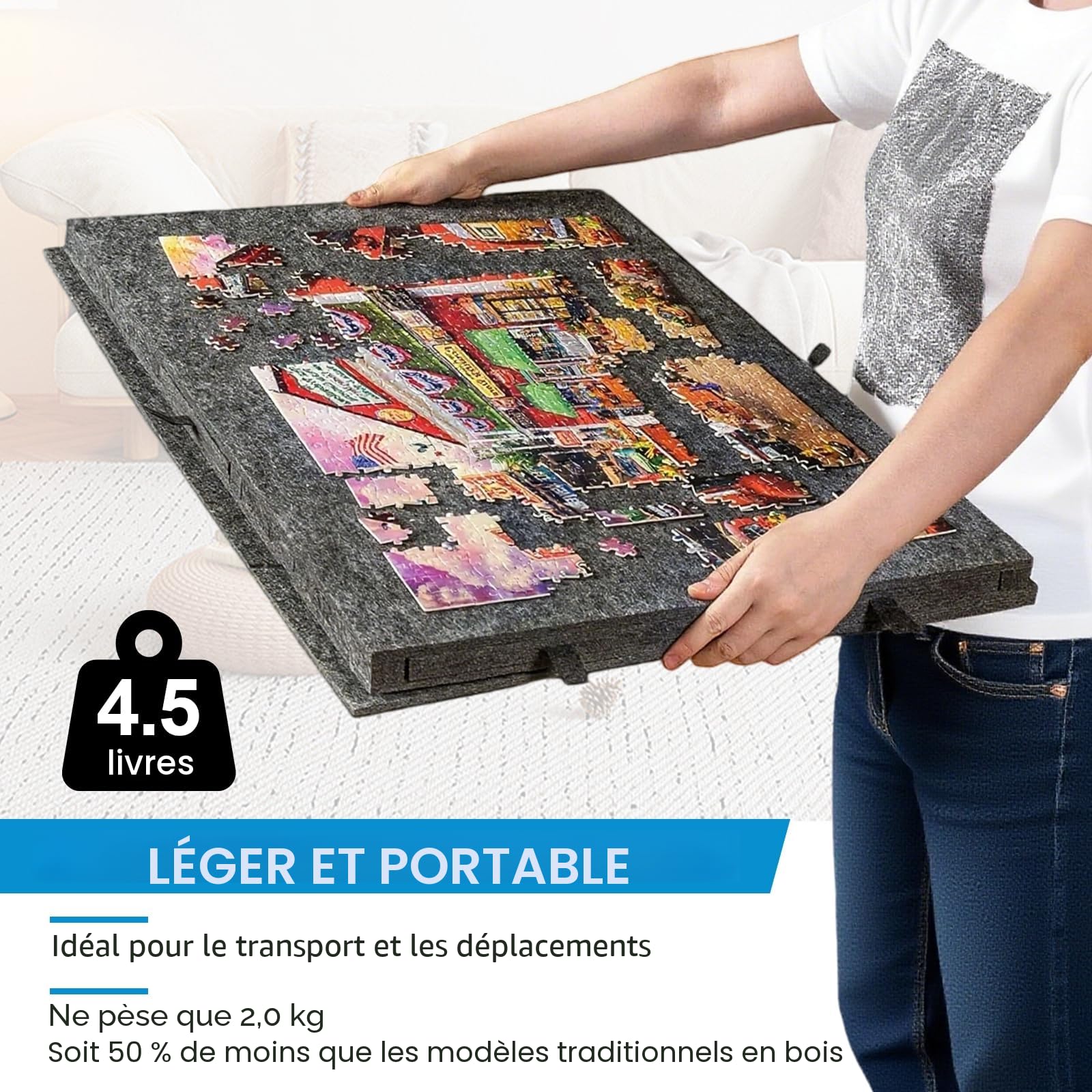 Table puzzle 1000 pièces - Planche à puzzle inclinable 2 en 1 avec support et couvercle - En feutre super léger avec 6 tiroirs - Plateau portable antidérapant (gris foncé)