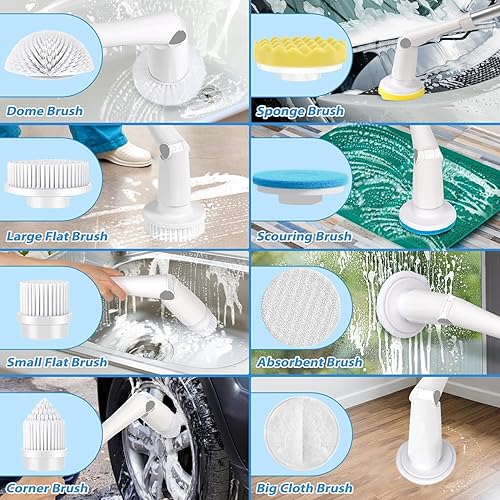 Miniatura 7 de Limpiador eléctrico giratorio, cepillo de limpieza inalámbrico con 8 cepillos limpiadores reemplazables, limpiador de ducha eléctrico con mango