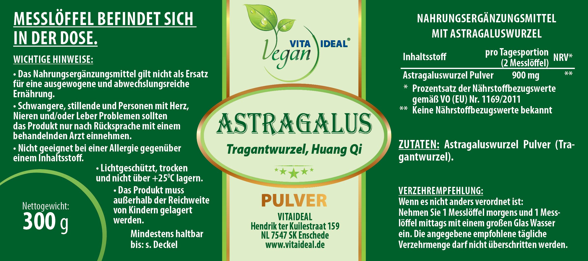 Vegan® ASTRAGALUS - Wurzel 2x 300g PULVER - Tragantwurzel frigidus - Tagesportion 900mg ASTRAGALUSWURZEL, natürlich, pflanzlich & ohne Zusatzstoffe, Inklusive Messlöffel.
