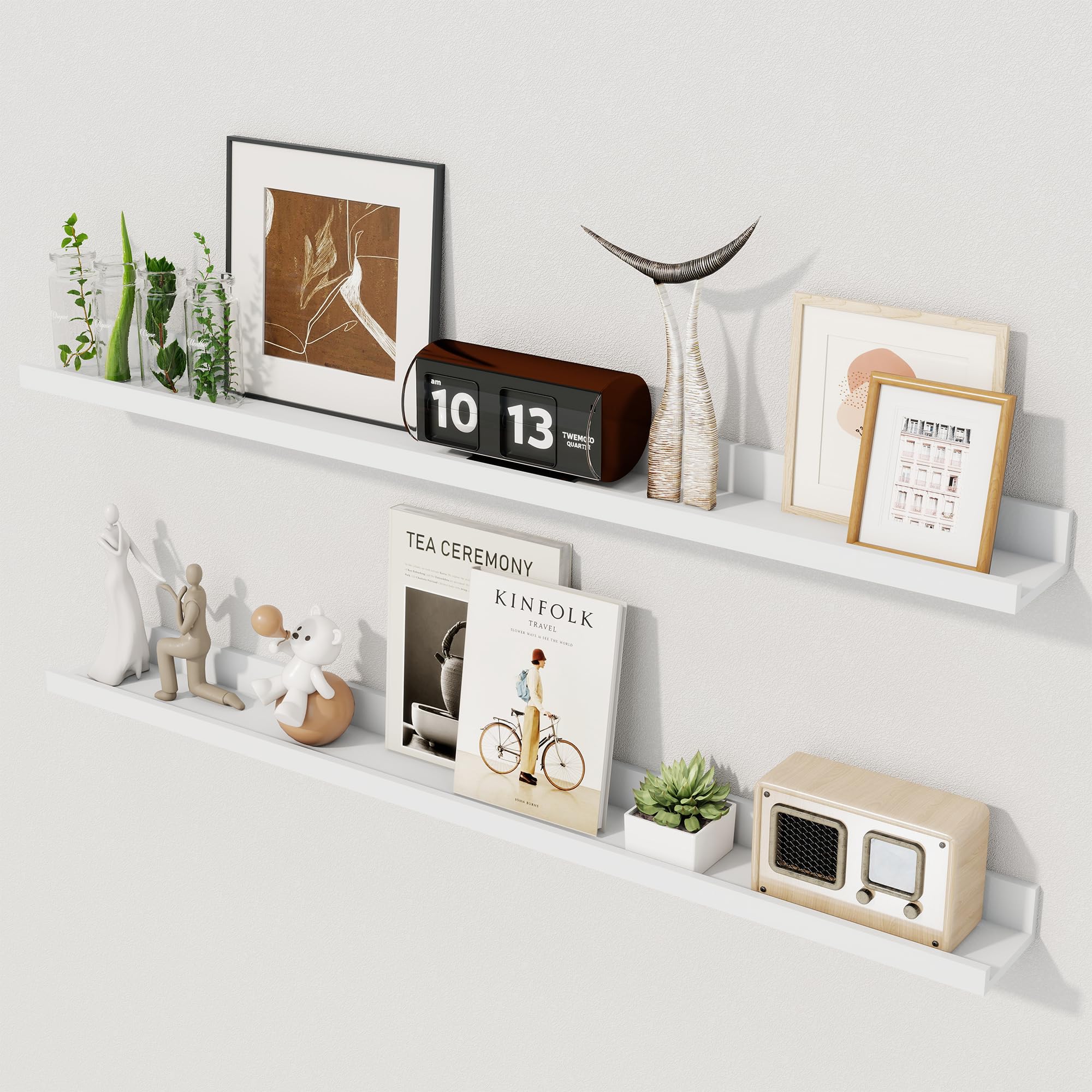 Axeman Floating Shelves, 90 cm White Picture Shelf Set of 2, Wood Wall Mounted Shelves with Lip, Floating Shelves with Ledge for Pictures, Nursery Books, Paintings, Artworks