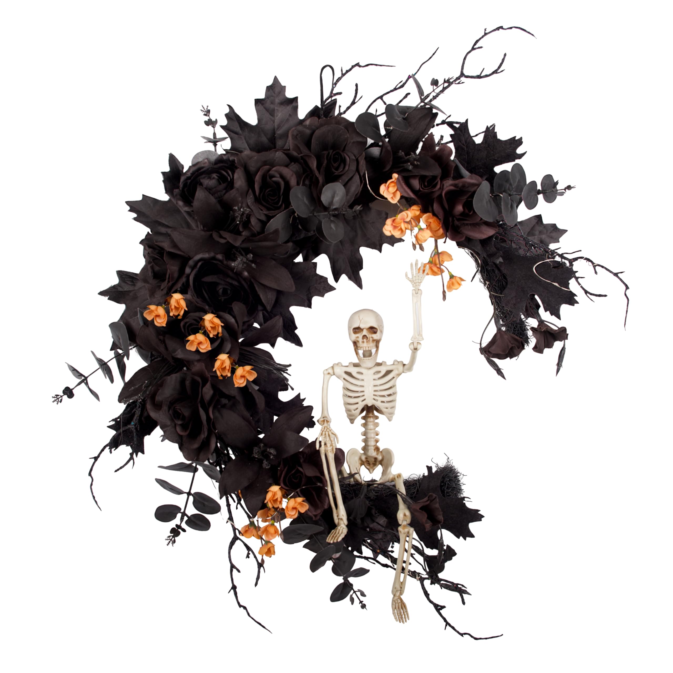 FLOROAD 20” Pre-lit Halloween Moon Wreath with Skeleton, Black Roses, Eucalyptus Leaves - Gothic Style, Purple LED Lights with Timer