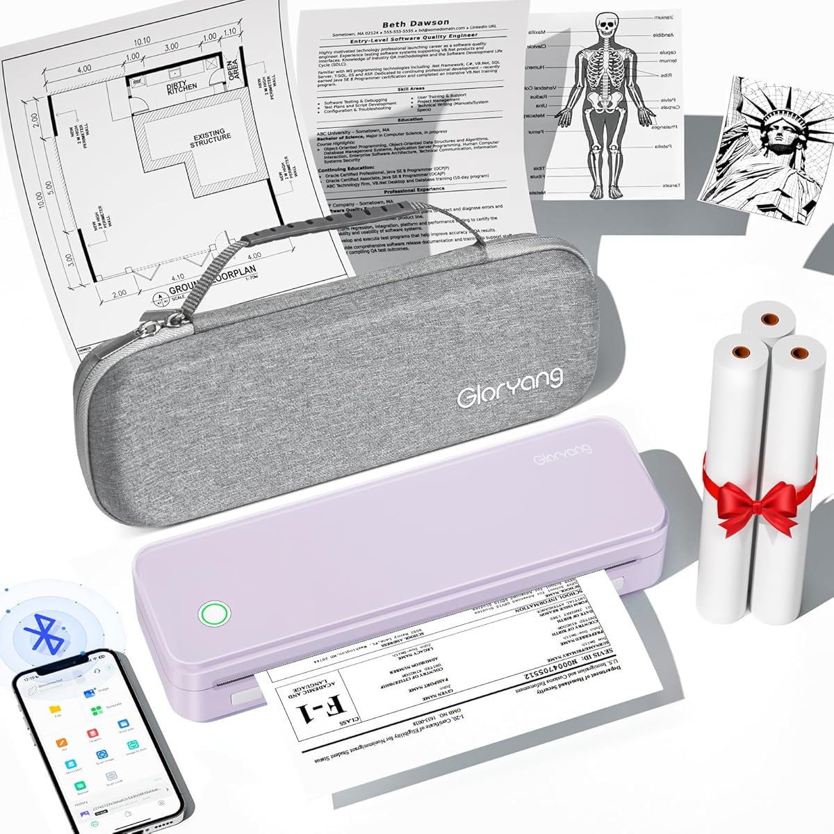 Amazon.com : Gloryang Inkless Portable Printer for Travel, Wireless Thermal Printer Supports 8.5 x 11 Inch US Letter Size, Bluetooth Machine Includes Carry Case and 3 Rolls of Thermal Paper Kit, Purple : Office Products