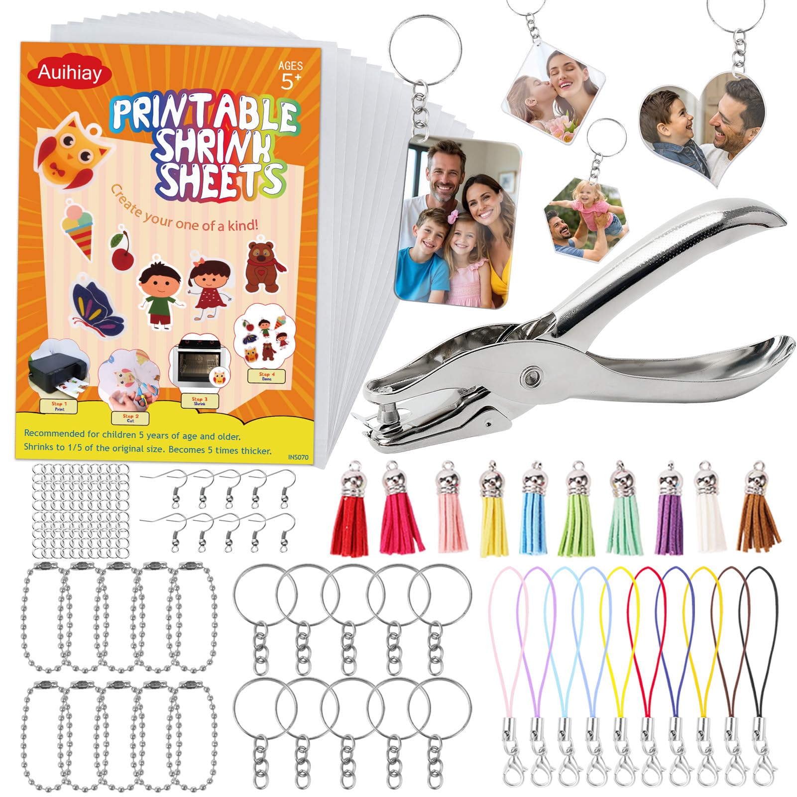 Auihiay Printable Shrink Sheets Dink Kit, 12PCS Semitransparent Shrink Papers with Key Rings, Earring, Lanyards, Hole Punch Accessories for Fathers Day, DIY Keychain Making Crafts (8.5 x 11 inch)