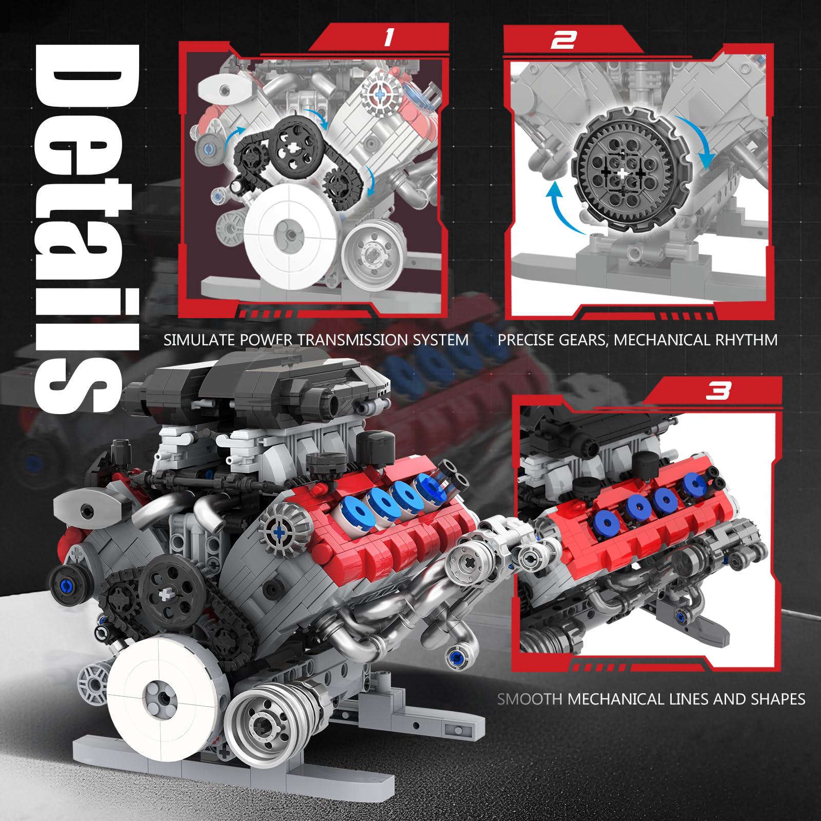 Mavo brix Juego de Construcción de Modelo de Motor V8 que Funciona, Kit de Construcción de Motor V8, Kit de Construcción de Modelos para Adultos, Construye tu Propio Modelo Mini de Motor V8 MOC con