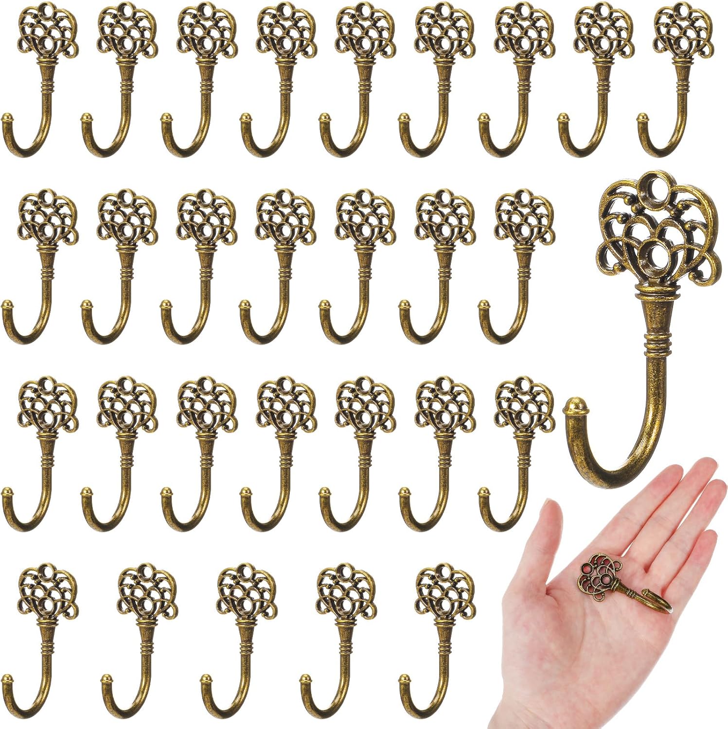 30 PCS Vintage Wall Hooks - Decorative Wall Hooks Vintage Style with Antique Bronze Finish, Metal Coat Hangers with Screws for Home Organization and Rustic Decor