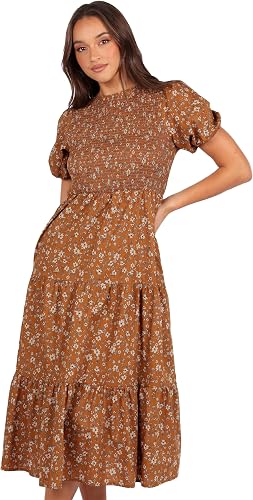 Naura Shirred Tiered Midi Dress - Cognac Floral XL