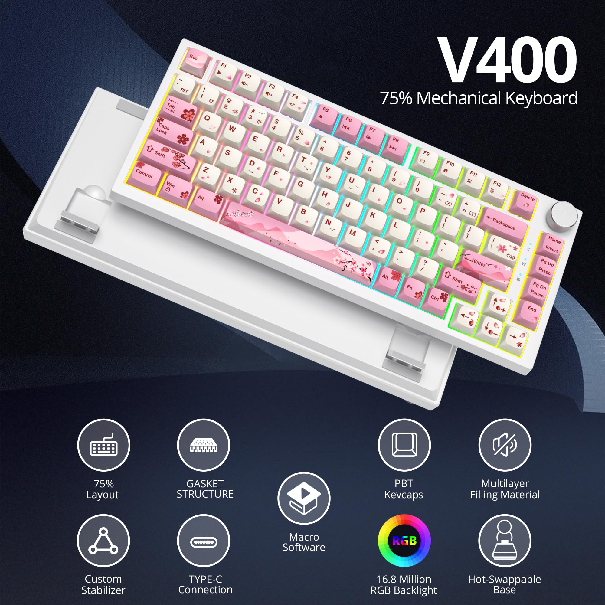 SOLIDEE Teclado Intercambiable en Caliente 75%,Retroiluminación RGB,Gasket Teclado para Juegos de 82 Teclas TKL,Teclado Compacto NKRO con Control de Perilla de Aluminio(82 Flower)