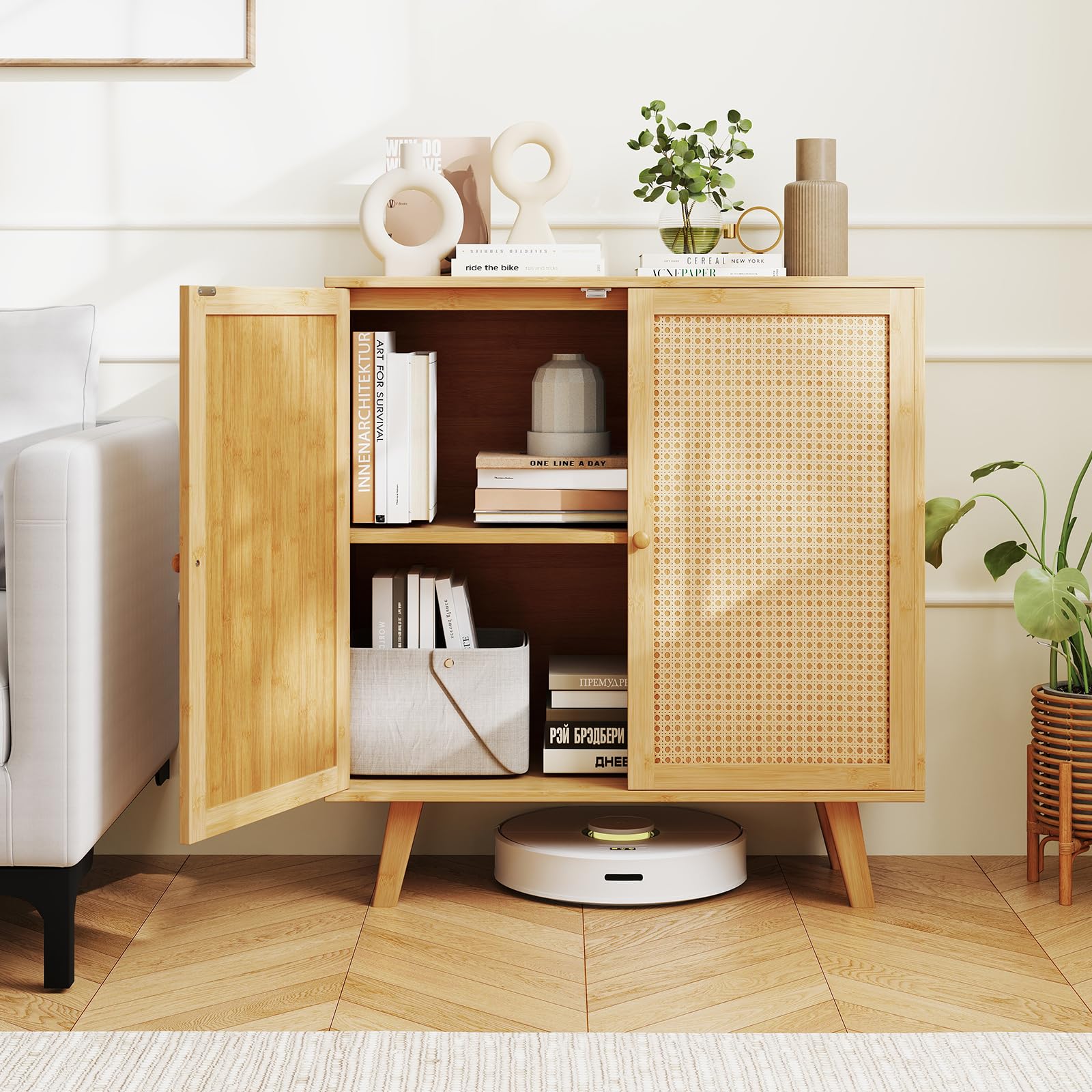 Credenza Buffet In Rattan RELAX4LIFE Con Ante A T, Ripiano Regolabile E Gambe In Metallo – Perfetta Per Cucina E Soggiorno (Nero)