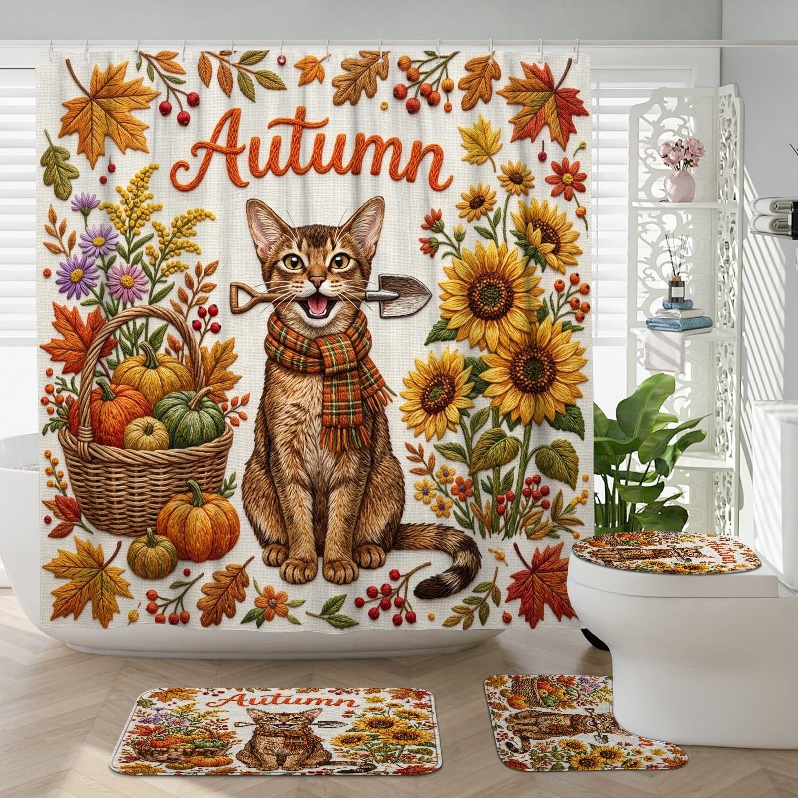 Rideau de douche chat abyssin d'automne pour instaurer une ambiance cocooning et relaxante