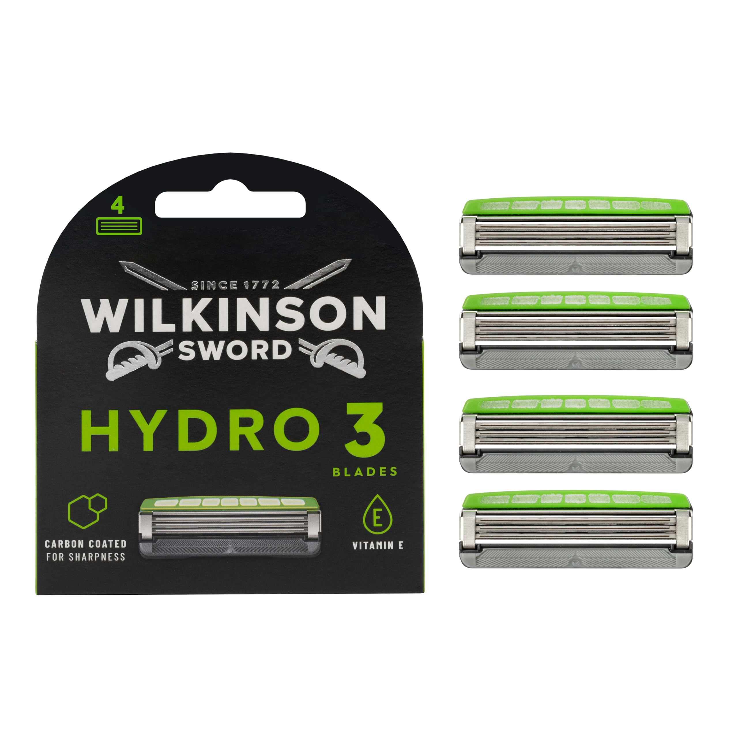 Wilkinson Sword Wilkinson Hydro 3 Skin Protection ostrza ładujące, opakowanie z 4 wkładami Trilame, ostrza do ładowania dla mężczyzn, kompatybilne z uchwytem do golenia Hydro | Golarki z 3 ostrzami, do twarzy lub ciała, podwójne smarowanie, formuła żelu n