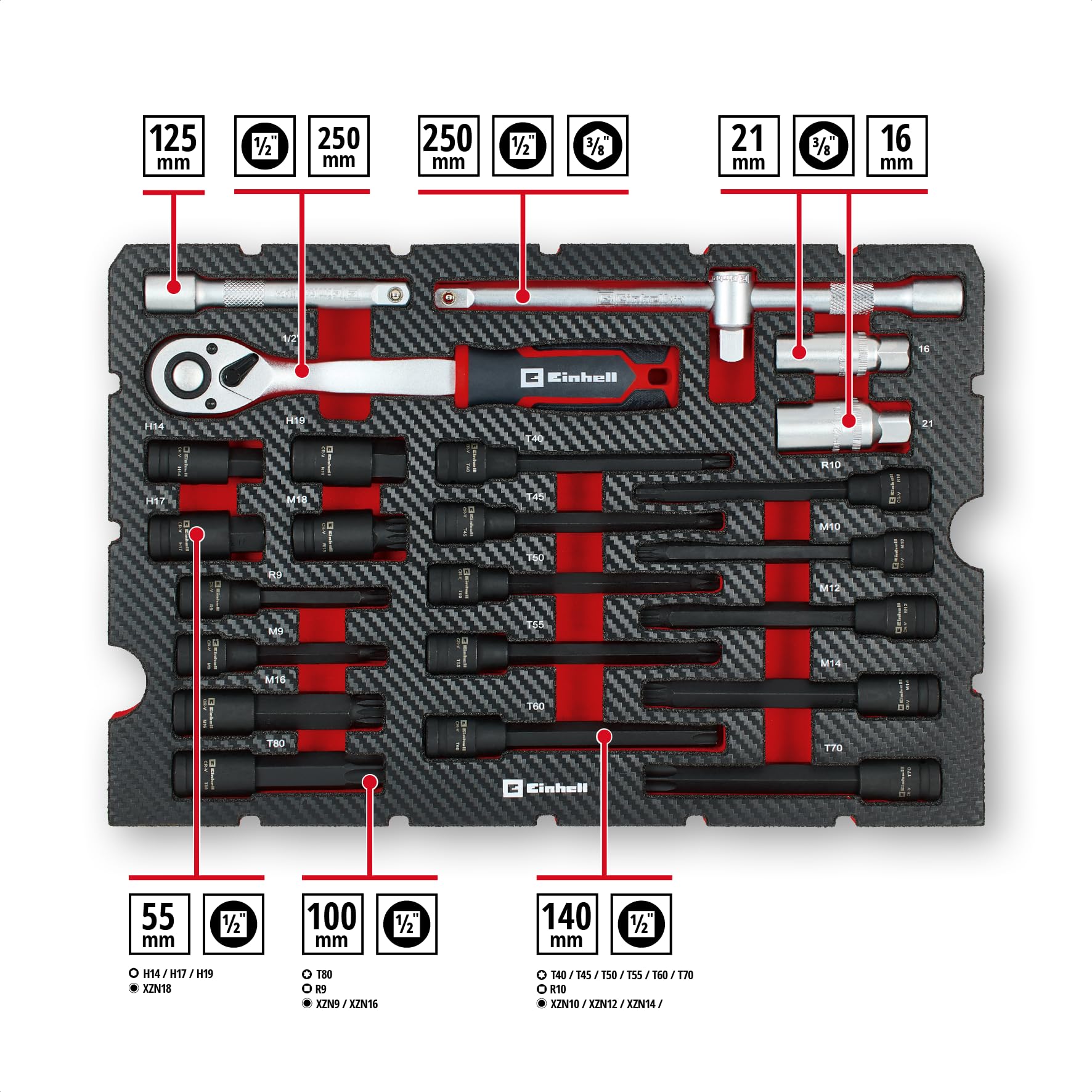 Original Einhell E-Case valigetta attrezzi 121 pezzi auto (professionale auto, set bussole, bussole porta inserti, inserti impact, bussole candele, cricchetti reversibili, valigetta sistema)