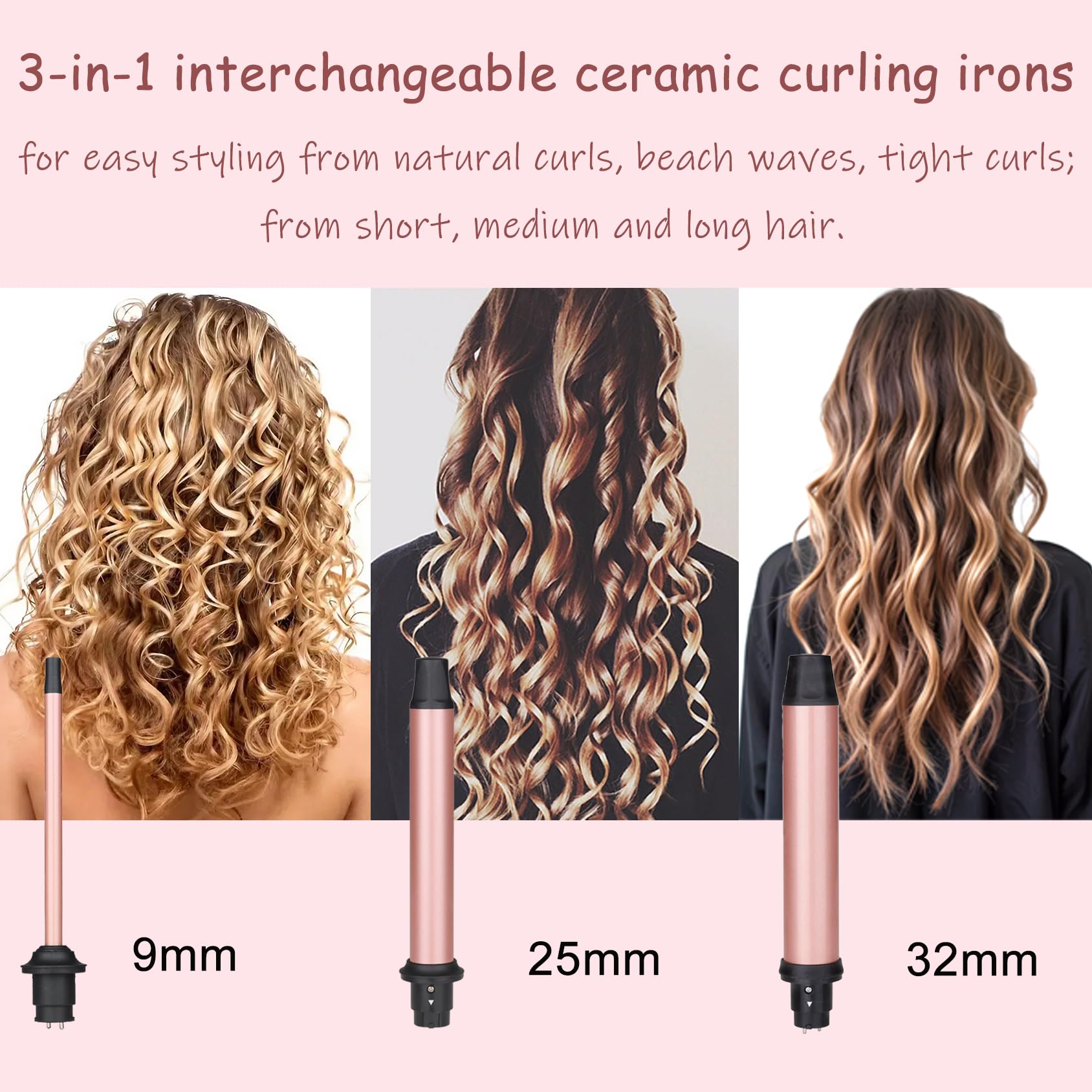 Fer à Boucler Boucleur a Cheveux Céramique Fer à Friser 3 en 1 avec LCD Écran pour créer de grosses vagues, Multifonction Interchangeable 9-32mm boucleur a cheveux avec Gant