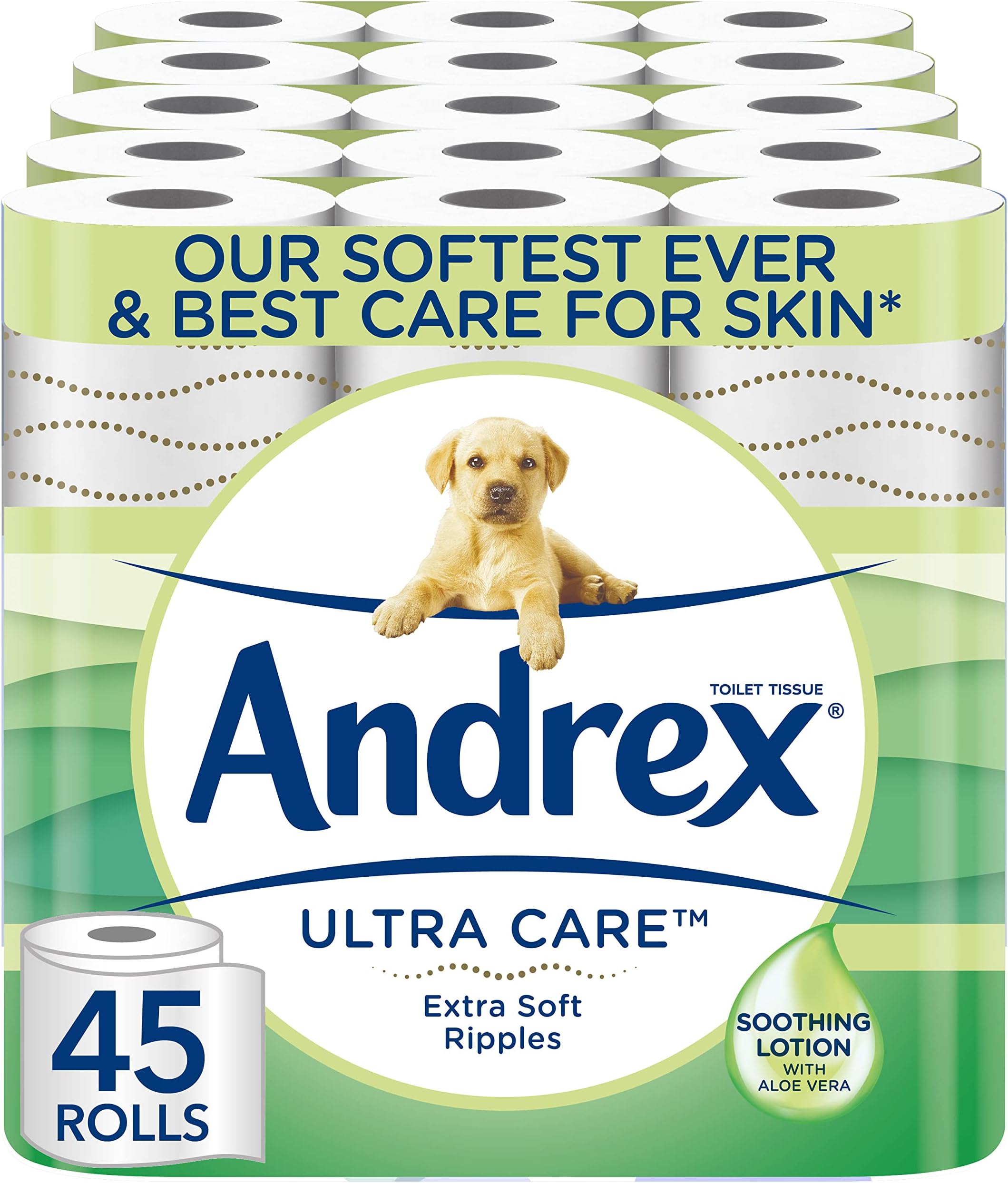 Andrex Ultra Care Toilet Paper - 45 Toilet Roll Pack - contains soothing lotion with Aloe Vera for our best care for skin - Dermatologically Tested