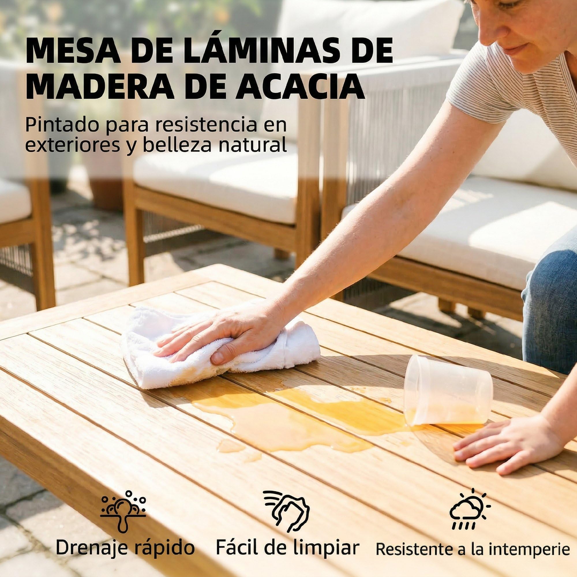 Outsunny Conjunto de Jardín Exterior de 4 Piezas con Sofá 2 Plazas Beige | Muebles Jardín Exterior, 2 Sillones, Mesa de Madera de Acacia, Cojines Acolchados, Decoración de Cuerda PP, para Terraza
