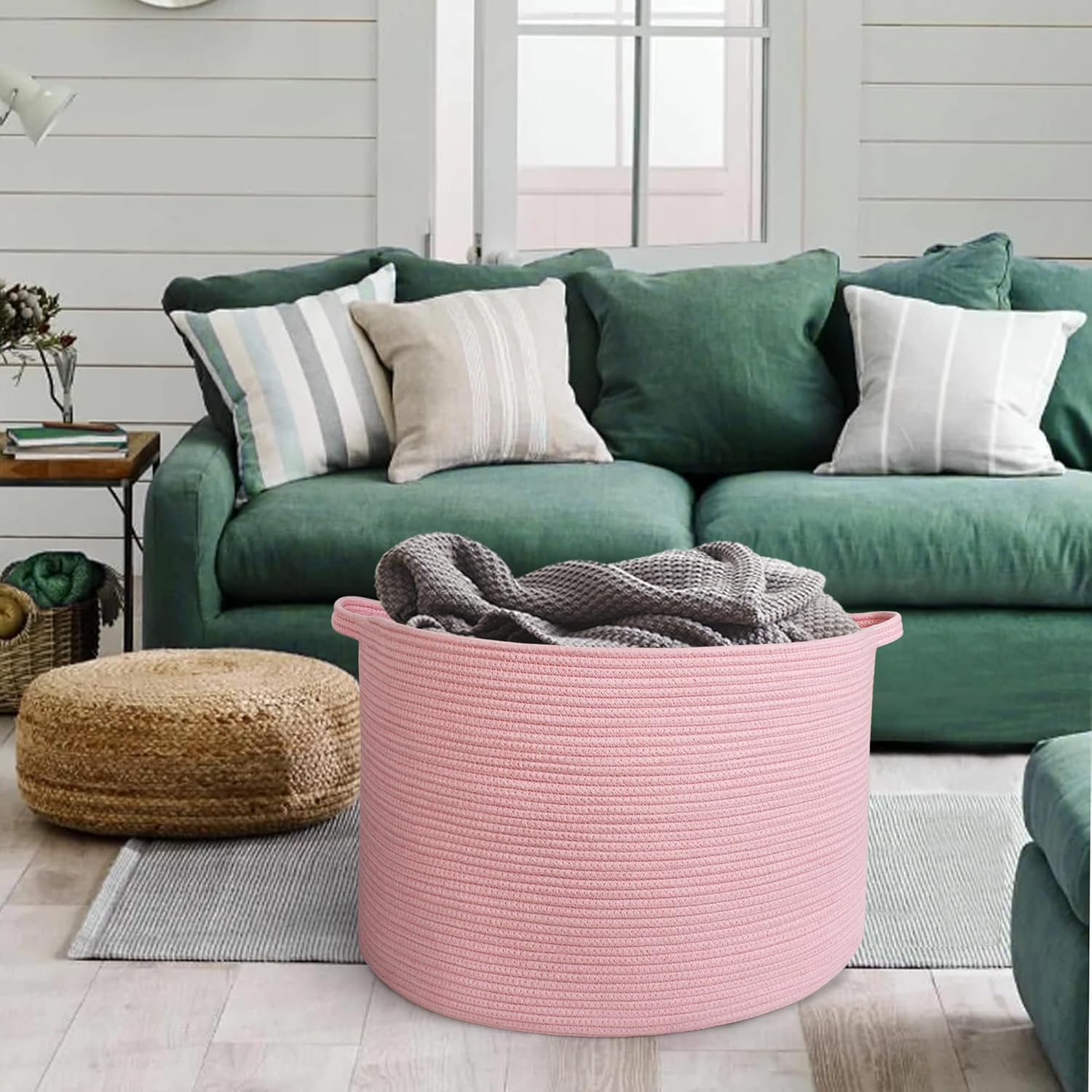 Extra Large Pink Basket, 22"x22"x14" Woven Cotton Rope Bin with Handles, Blanket Storage for Living Room, Baby Kids Toy Storage Bin Box, Wicker Laundry Basket, Pink Room Decor Organizing - Image 5