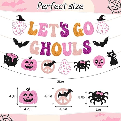 Miniatura 3 de Cartel de Let's Go Ghouls Hippie Decoración de fiesta de Halloween, guirnalda retro Groovy de Halloween, fantasma, murciélagos, calabaza, calavera