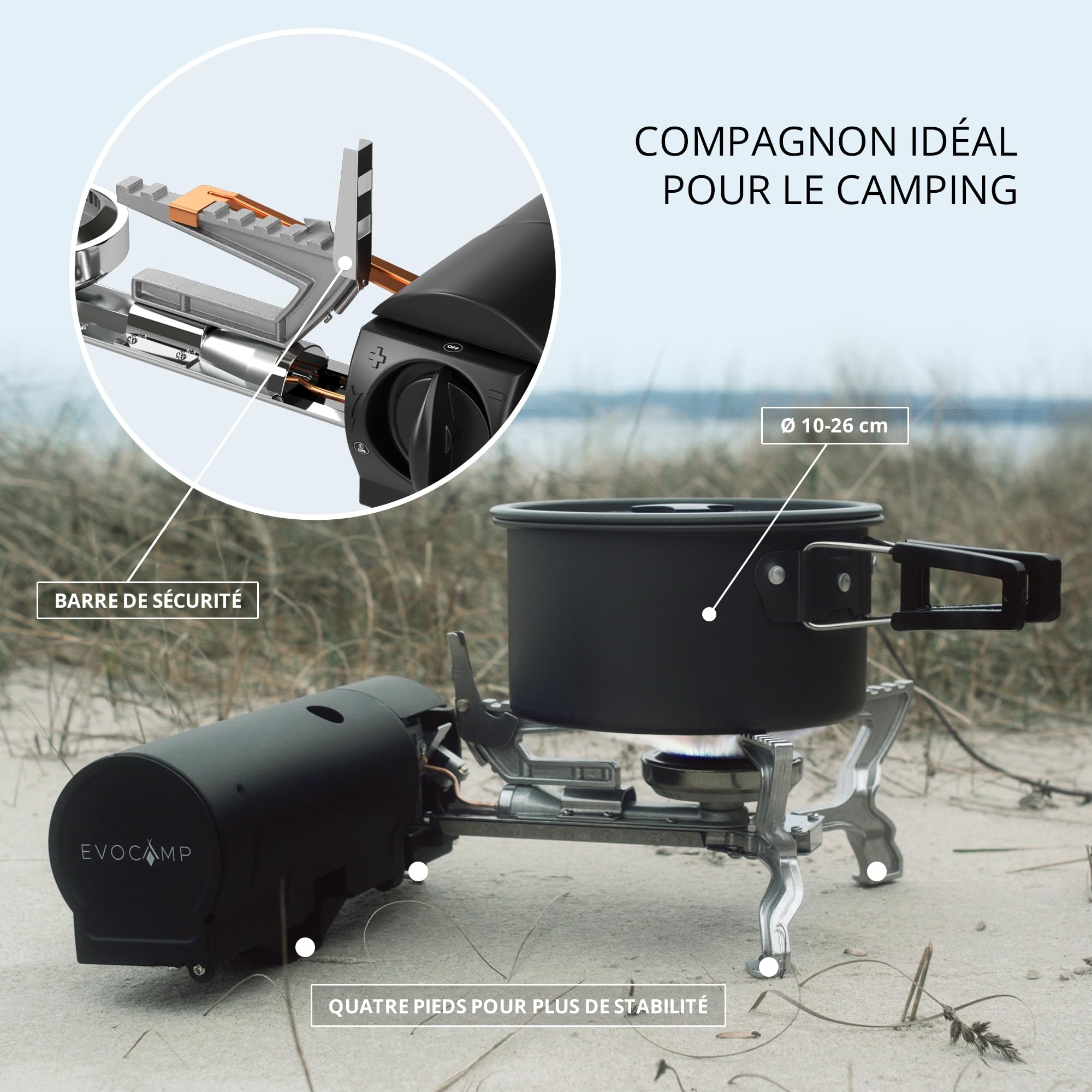 EVOCAMP Réchaud de Camping Compatible Avec Cartouches de Gaz 227g - Pliable Avec Sac de Transport, Plaque Chauffante et Allumage Piézoélectrique pour Intérieur/Extérieur