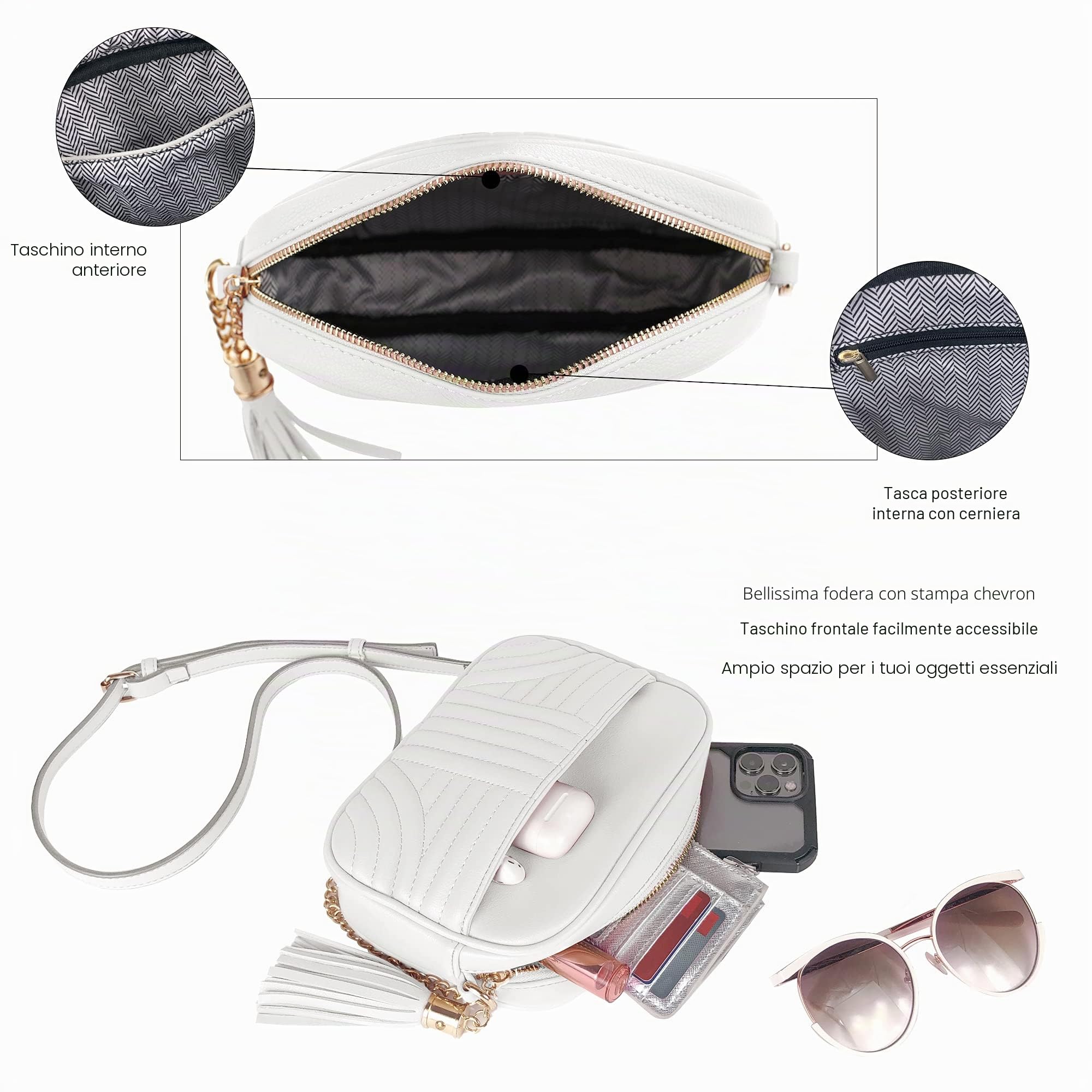 Evve Borsa a tracolla trapuntata da donna, elegante borsa per fotocamera con nappa, leggera e di medie dimensioni