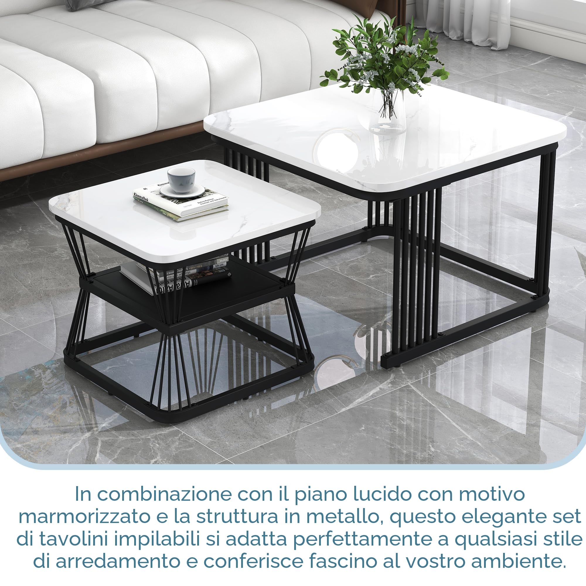 Merax Set di 2 Tavolini da Salotto, Alta lucentezza, per Soggiorno, Balcone e Ufficio, Struttura in Metallo, Bianco e Nero