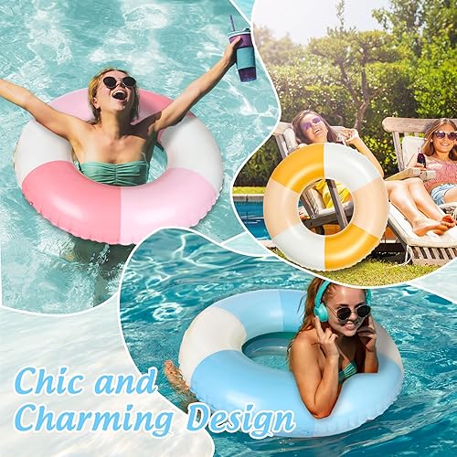 Miniatura 5 de 4 flotadores inflables para piscina, 4 colores, anillos de natación retro a rayas, tubos de piscina para adultos, adolescentes, verano, playa,