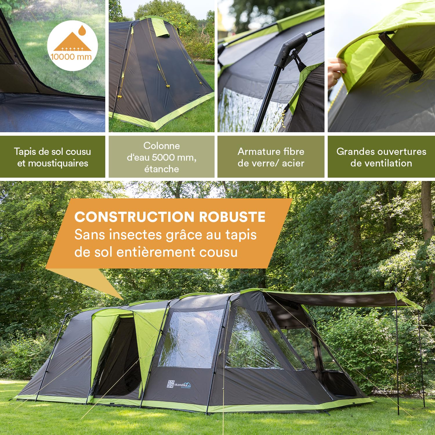 Skandika Tente Tunnel Nordland pour 4 Personnes | Tente avec Sol Cousu, étanche, Colonne d'eau 5000 mm, Hauteur 2 m, moustiquaires, avec/sans Sleeper Technology | Tente de Camping familiale