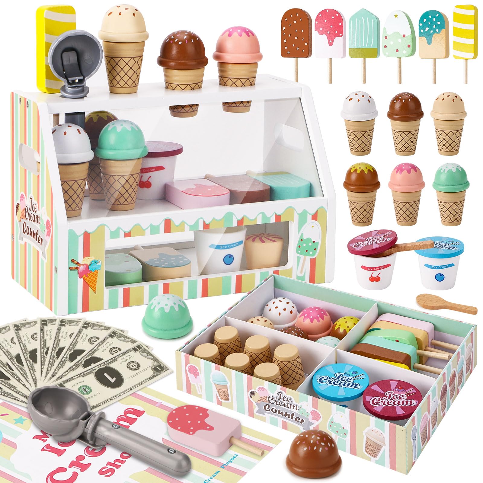 Wooden Ice Cream Toys for Kids Pretend Play Kitchen Food Toys with Scoop & Menu & Fake Money, Ice Cream Counter Shop Playset for 3 4 5 6 Year Old Girls Boys Birthday Gifts