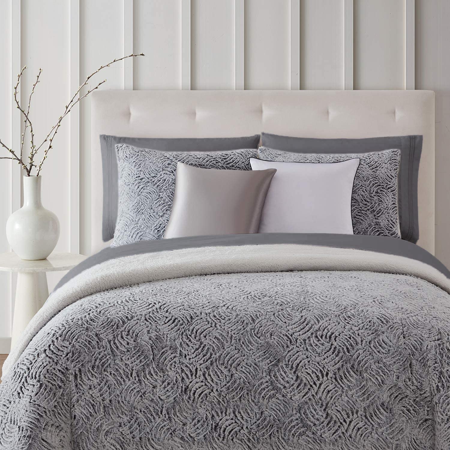 Mellanni Bed Sheet Set + Faux Fur Duvet Cover Set Bundle&Save - Bundle Includes: 4pcs Bed Sheet Set and 3pcs Faux Fur Sherpa Bedding with 2 Shams and 1 Comforter Cover (Queen, Gray)