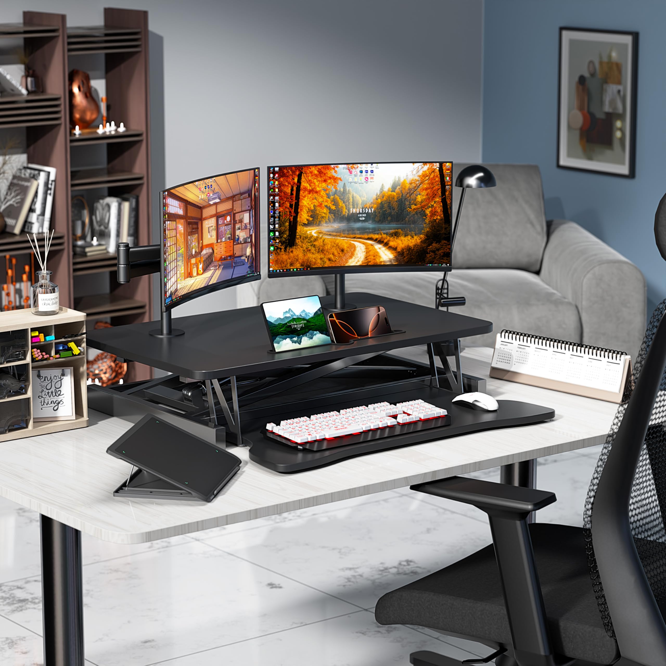 Steh-Sitz Schreibtisch Steharbeitsplatz Stehpult Stehtisch Ergonomische Höhenverstellbar, Arbeitsplatz für zwei Monitore und Laptops mit großer Tastaturablage, Steh-Sitz-Aufsatz für Büro (80CM)