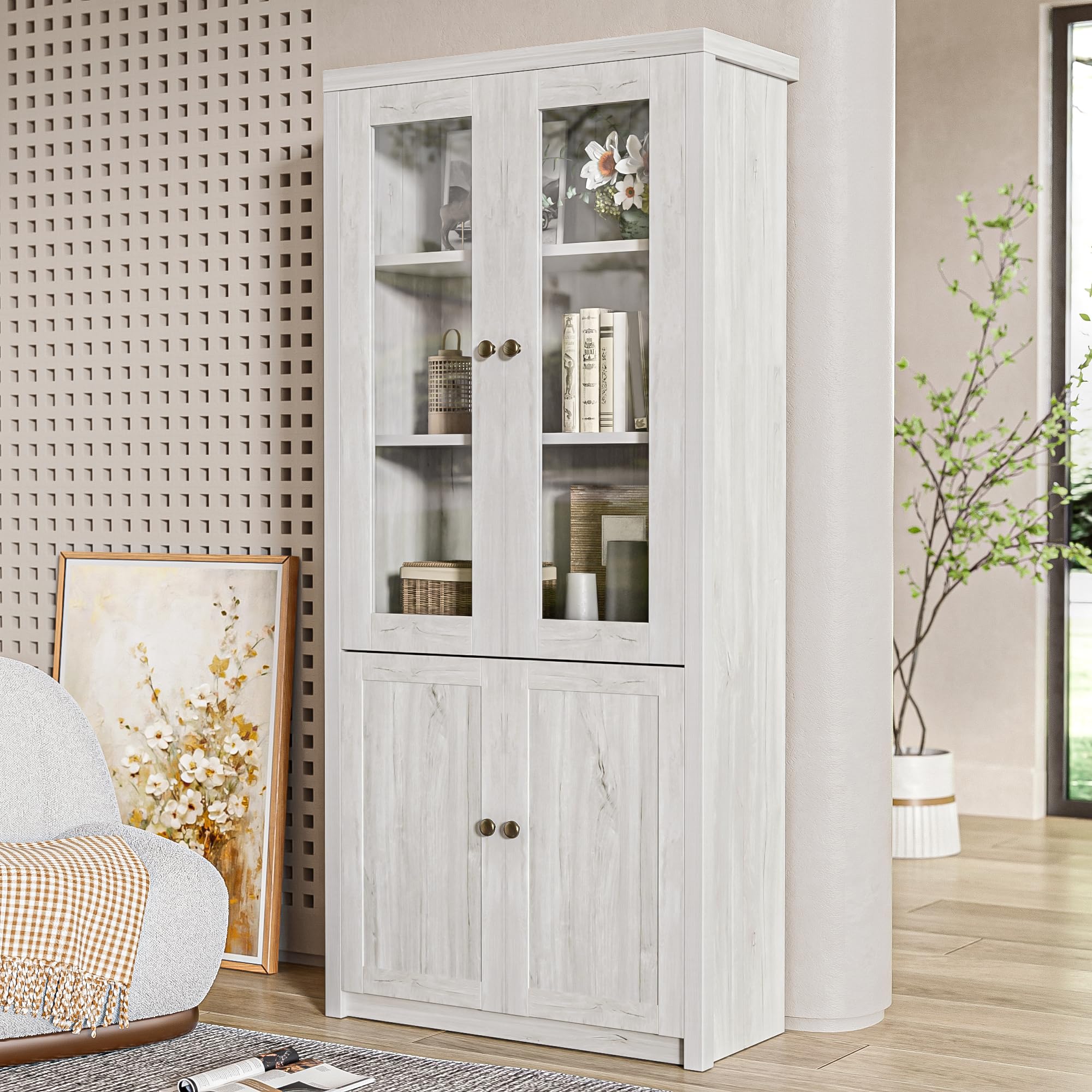 Armario alto de cristal de 171 cm de altura, con 2 puertas de cristal y estante, archivadores, buffet, armario de cocina, aspecto de madera, para salón, oficina y pasillo (color blanco con puertas)